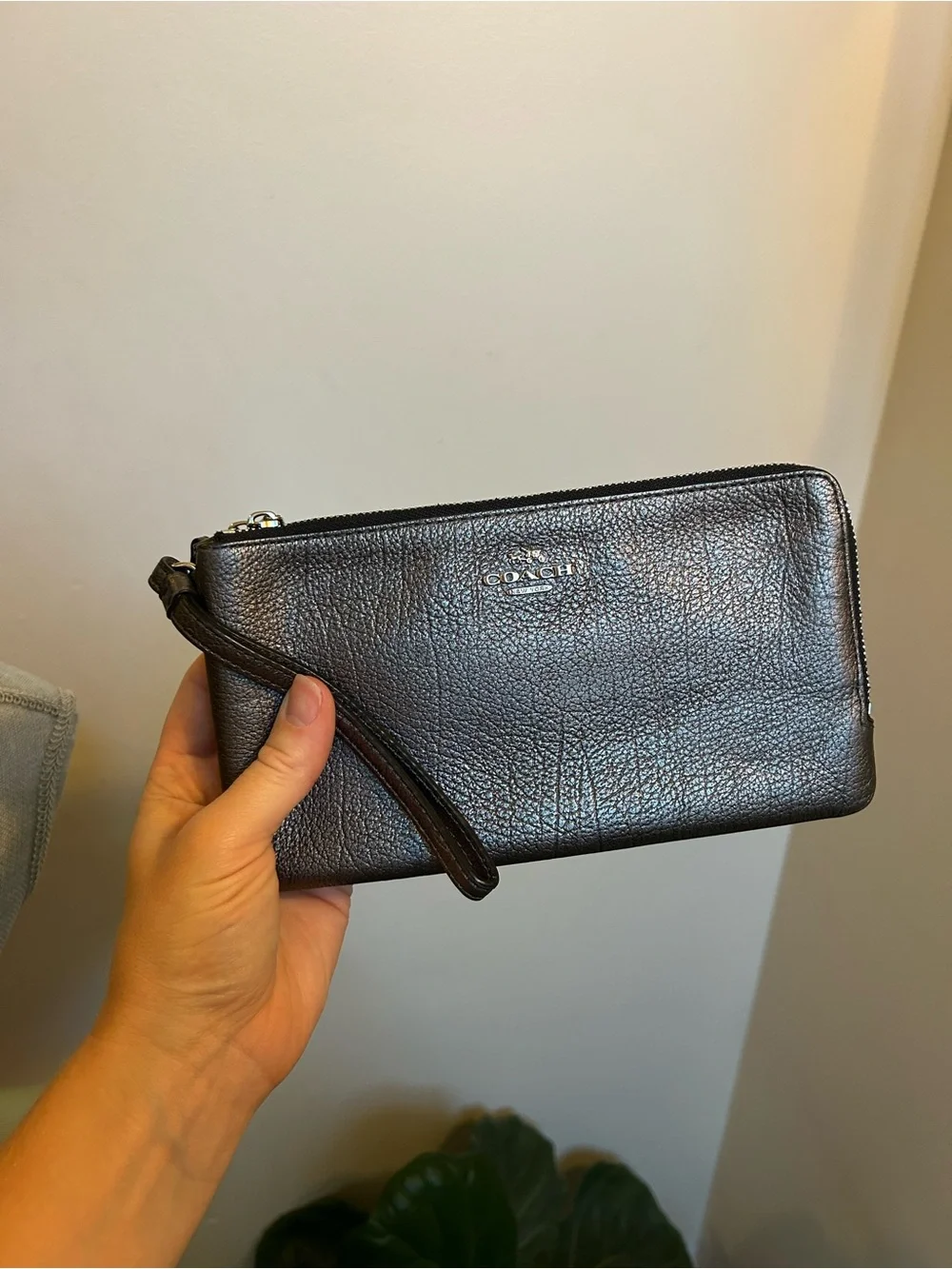 Coach Black Pebbled Leather Wristlet with Zip